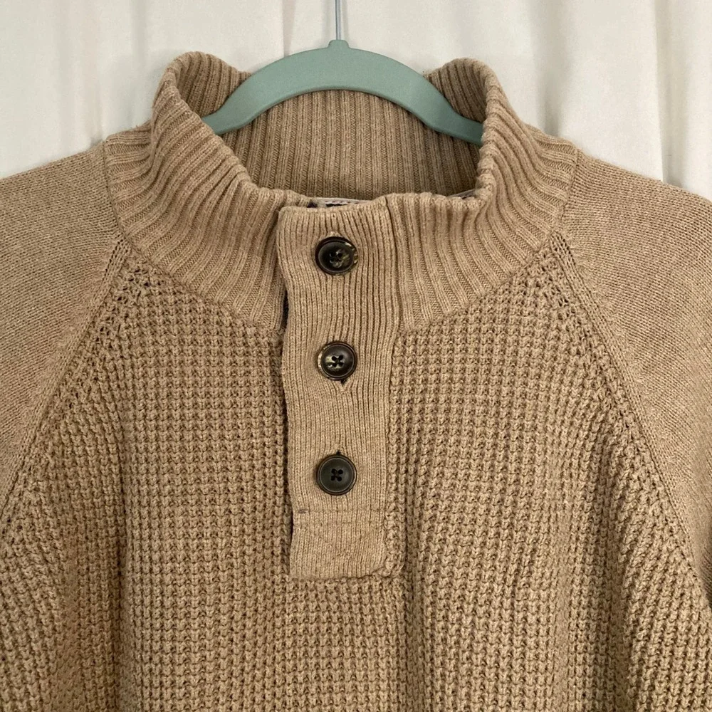 Weatherproof Vintage Henley Sweater Tan Waffle Knit Mock Neck L Gorpcore Prep